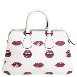 Pre Owned Bally White Lip Print Leather Berkeley Double Zip Tote