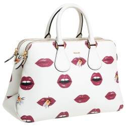 Pre Owned Bally White Lip Print Leather Berkeley Double Zip Tote
