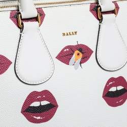 Pre Owned Bally White Lip Print Leather Berkeley Double Zip Tote