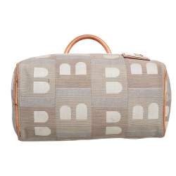 Pre Owned Bally Beige/Grey Monogram Fabric and Leather Boston Bag