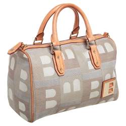 Pre Owned Bally Beige/Grey Monogram Fabric and Leather Boston Bag