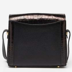 Pre Owned Bally Black Leather and Croc Embossed Leather Vintage Flap Crossbody Bag