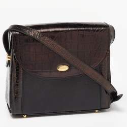 Pre Owned Bally Black Leather and Croc Embossed Leather Vintage Flap Crossbody Bag