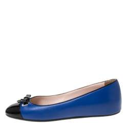 Pre Owned Bally Blue/Black Leather Bow Ballet Flats Size 37.5