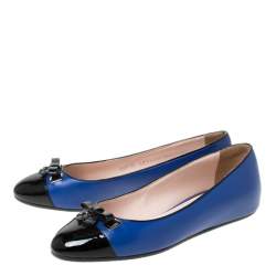 Pre Owned Bally Blue/Black Leather Bow Ballet Flats Size 37.5