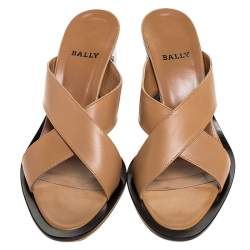 Bally Brown Leather Cross Strap Block Heel Slide Sandals Size 38