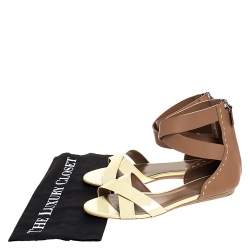 Bally Cream/Brown Patent Leather And Leather Cross Strap Flat Sandals Size 39
