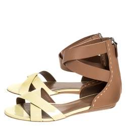 Bally Cream/Brown Patent Leather And Leather Cross Strap Flat Sandals Size 39