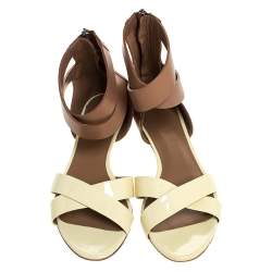 Bally Cream/Brown Patent Leather And Leather Cross Strap Flat Sandals Size 39