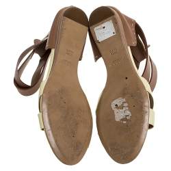 Bally Cream/Brown Patent Leather And Leather Cross Strap Flat Sandals Size 39