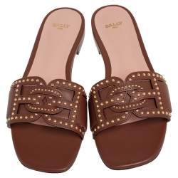 Pre Owned Bally Brown Leather Peoni Studs Flat Sandals Size 38