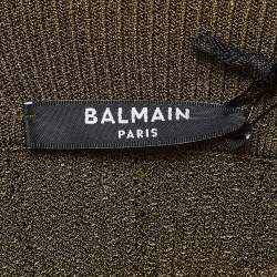 Pre Owned Balmain Olive Green Knit High Neck Button Detailed Sweater M