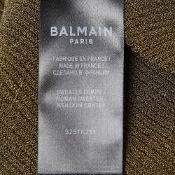 Pre Owned Balmain Olive Green Knit High Neck Button Detailed Sweater M