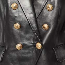 Pre Owned Balmain Black Leather Double Breasted Jacket XL