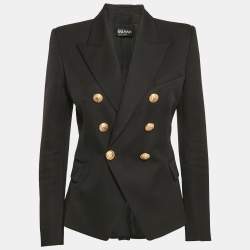 Balmain Black Wool Gabardine Button Detail Double Breasted Blazer M