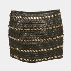 Pre Owned Balmain Black Leather Chain Detail Mini Skirt S