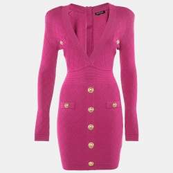 Pre Owned Balmain Pink Plunge Neck Knit Mini Dress S