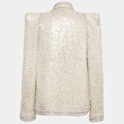 مملوكة مسبقًا جاكيت بلميان أبيض مصفر مفتوح مزين بقطعة تويد متوسط