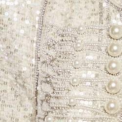 مملوكة مسبقًا جاكيت بلميان أبيض مصفر مفتوح مزين بقطعة تويد متوسط