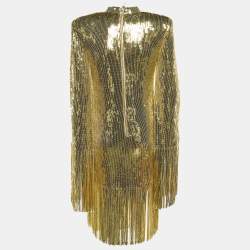 Pre Owned Balmain Gold Sequin Fringed Midi Dress M