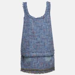Pre Owned Balmain Blue Tweed and Denim Sleeveless Top & Mini Skirt Suits L