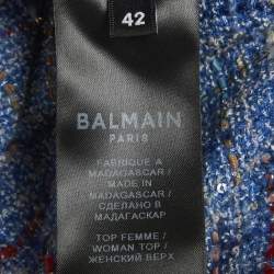 Pre Owned Balmain Blue Tweed and Denim Sleeveless Top & Mini Skirt Suits L