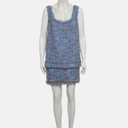 Pre Owned Balmain Blue Tweed and Denim Sleeveless Top & Mini Skirt Suits L