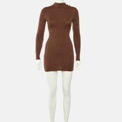 Pre Owned Balmain Brown Merino Wool Knit Bodycon Dress S