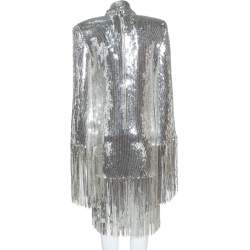 Pre Owned Balmain Silver Sequined Fringed Scarf Dress M