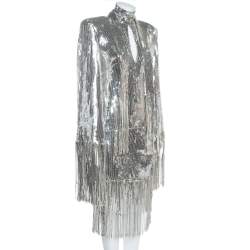 Pre Owned Balmain Silver Sequined Fringed Scarf Dress M