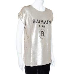 Pre Owned Balmain Pale Gold Sequined Logo Top S