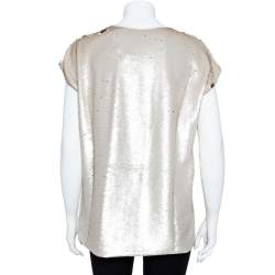 Pre Owned Balmain Pale Gold Sequined Logo Top S