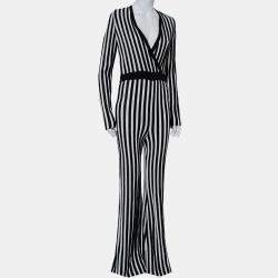 Balmain Monochrome Striped Knit Faux Wrap Jumpsuit M