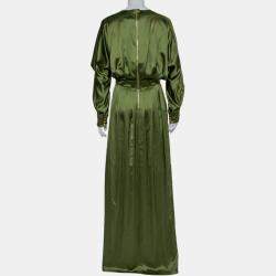 Balmain Green Silk Satin Pleated Front Slit Detail Maxi Dress S