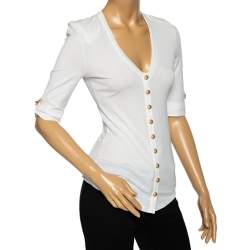 Balmain White Cotton Button Front V-Neck Half Sleeve T-Shirt S