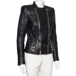 Pre Owned Balmain Black Leather Zip Front Biker Jacket M