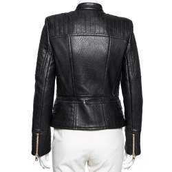 Pre Owned Balmain Black Leather Zip Front Biker Jacket M
