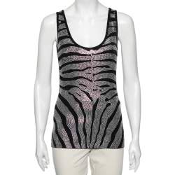 Pre Owned Balmain Black Rhinestone Zebra Pattern Embellished Jersey Top S