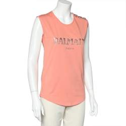 Pre Owned Balmain Peach Logo Printed Cotton Button Detail Sleeveless T-Shirt S