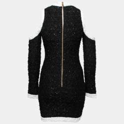 Pre Owned Balmain Black Sequin Embellished Boucle Cold Shoulder Short Dress M