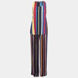 Balmain Multicolor Striped Silk Bead Embellished Top & Pleated Pant Set M