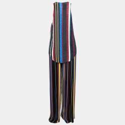 Balmain Multicolor Striped Silk Bead Embellished Top & Pleated Pant Set M