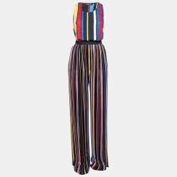 Balmain Multicolor Striped Silk Bead Embellished Top & Pleated Pant Set M