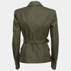 Pre Owned Balmain Olive Green Cotton Double Breasted Belted Blazer M