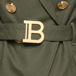 Pre Owned Balmain Olive Green Cotton Double Breasted Belted Blazer M
