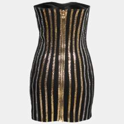 Pre Owned Balmain Black Crepe Gold Striped Embellished Strapless Mini Dress M