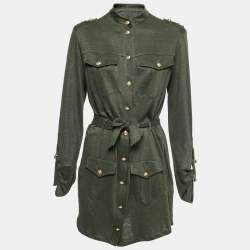 Balmain Kaki Green Knit Button-Embellished Belted Mini Dress M 