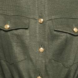 Balmain Kaki Green Knit Button-Embellished Belted Mini Dress M 