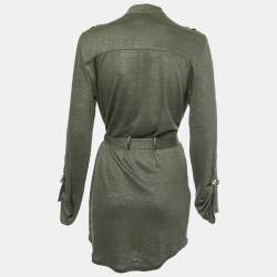 Balmain Kaki Green Knit Button-Embellished Belted Mini Dress M 