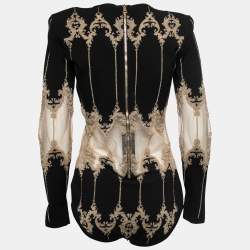 Balmain Black Stretch-Knit Metallic Tulle Paneled Bodysuit L